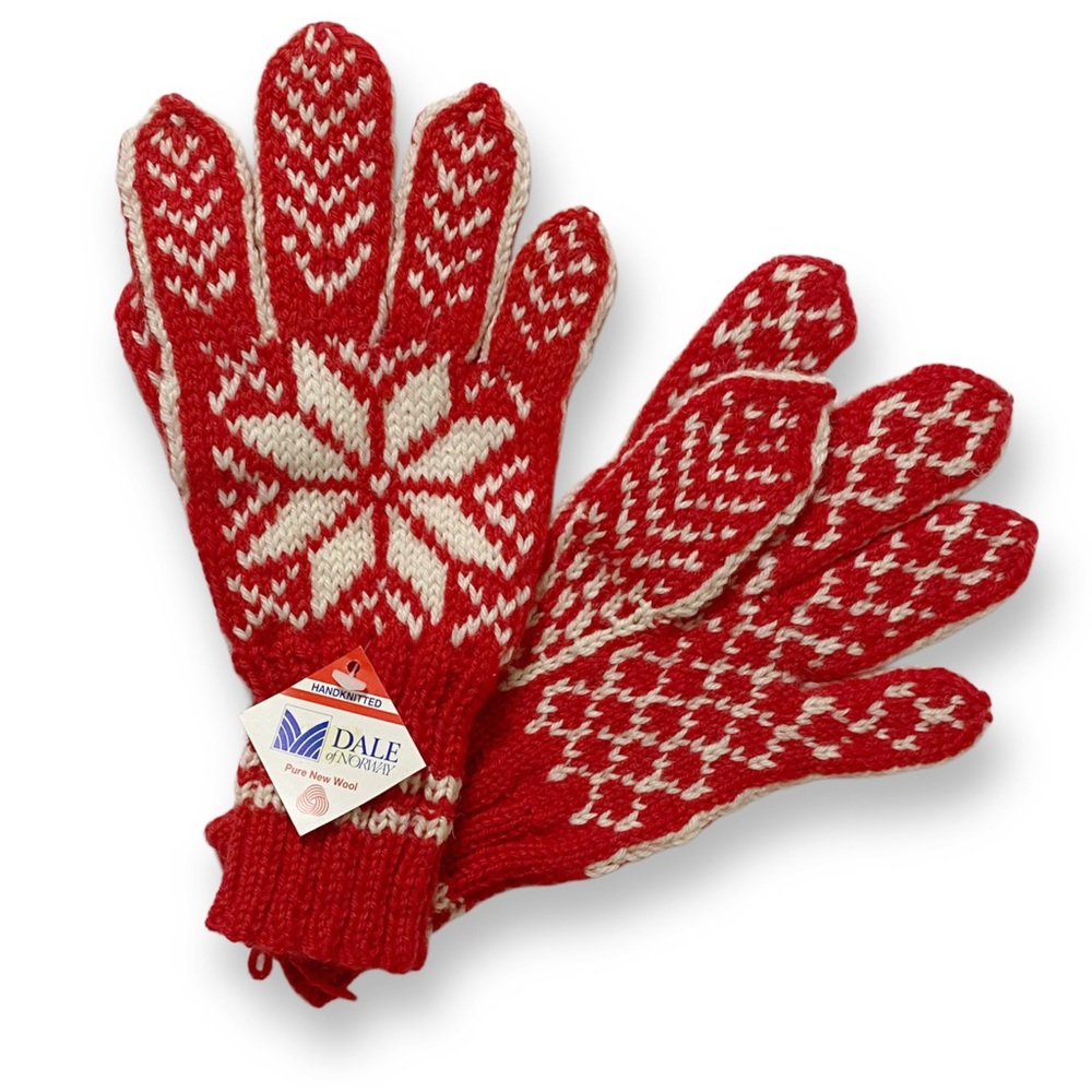Dale of Norway, Adult Nordic Handknitted Red & White Snowflake Wool Gloves